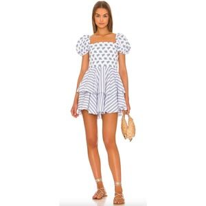 Caroline Constas Louisa Dress Blue Floral Striped Ruffle Tiered Puff Sleeve‎ XS